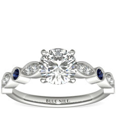 14k 白金锯状滚边马眼形钻石和蓝宝石订婚戒指（1/10 克拉总重量）